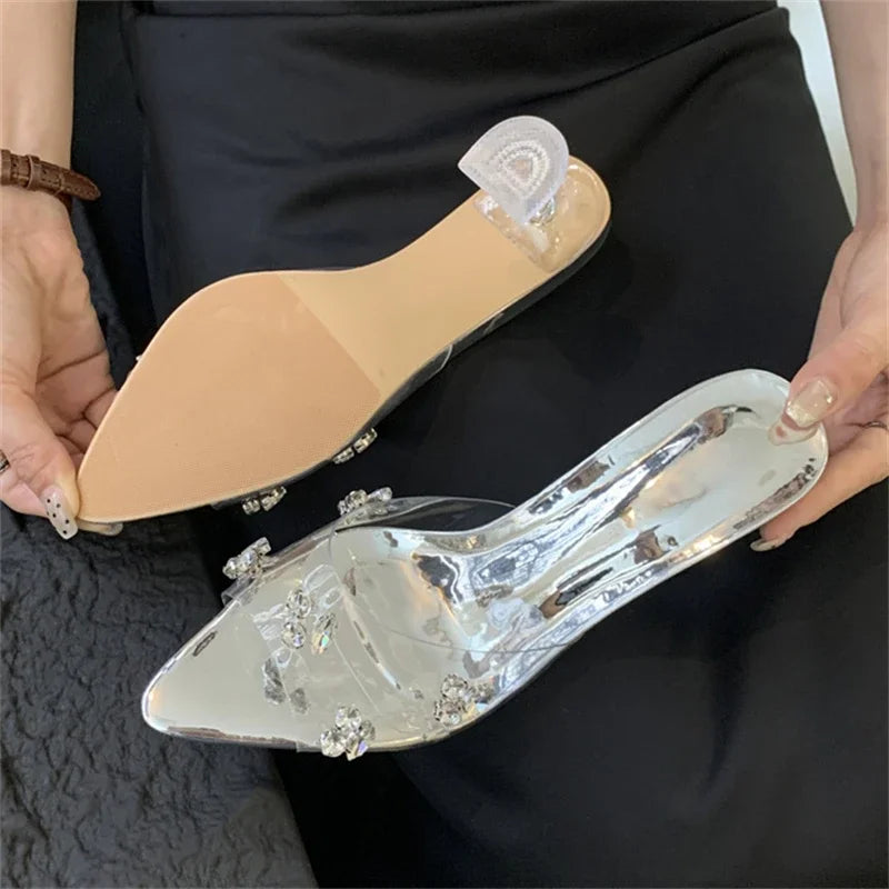 Diamond PVC Transparent Pointed Toe High Women Slippers Summer Slide Shoes Low Heel Pumps