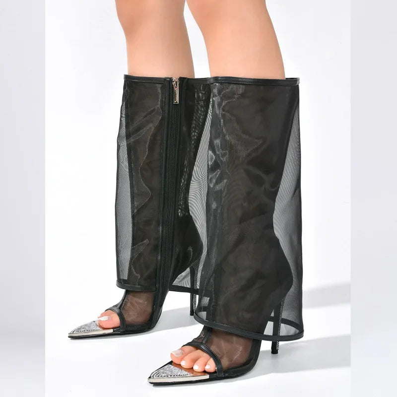 Fashion Mesh Very Light Comfort Thin Heels Open Toe Knee High Boots