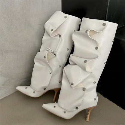 Pleated Button Strap Pointed Toe Thin Heels Night Club Stripper Knee High Boots