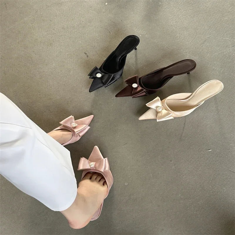 Spring  Butterfly-knot Women Slipper Pointed Toe Slip On Ladies Elegant Mules Shoes Low Heel Pumps