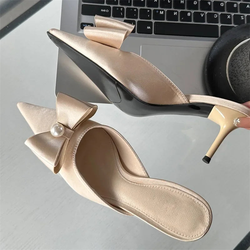 Spring  Butterfly-knot Women Slipper Pointed Toe Slip On Ladies Elegant Mules Shoes Low Heel Pumps