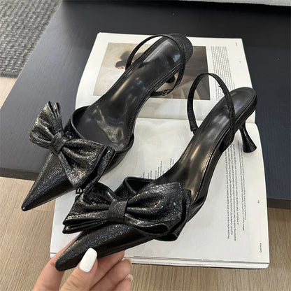 Street Style Butterfly-knot  Pointed Toe Thin Women Shoes Elegant Slingbacks Sandals Low Heel Pumps