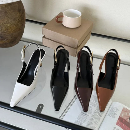 Street Style  Pointed Toe Metal Buckle Strap Women Stripper Slingback High Shoes Low Heel Pumps