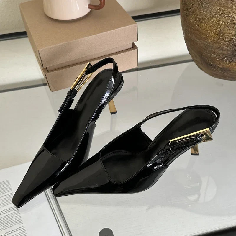 Street Style  Pointed Toe Metal Buckle Strap Women Stripper Slingback High Shoes Low Heel Pumps
