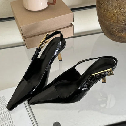Street Style  Pointed Toe Metal Buckle Strap Women Stripper Slingback High Shoes Low Heel Pumps