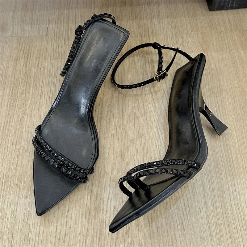Summer  Narrow Band Buckle Strap Women Pointed Toe Highs Banquet Party Shoes Low Heel Pumps