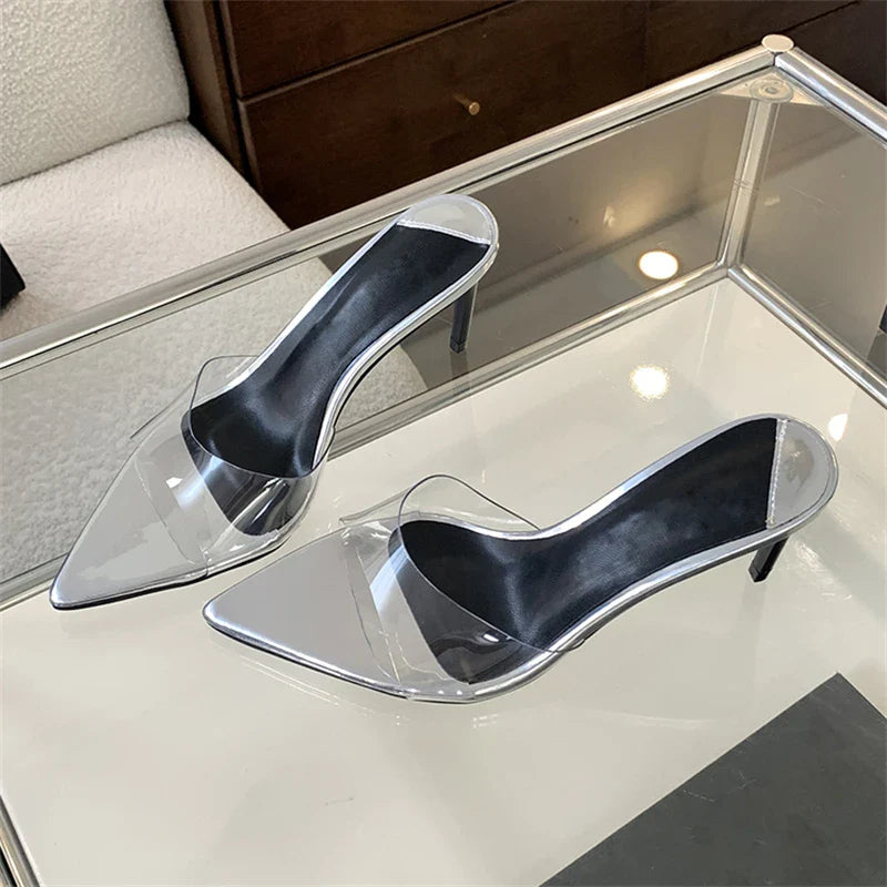Summer  PVC Transparent Slipper Women Pointed Toe Slides Stripper Sandal Thin Mule Shoes Low Heel Pumps
