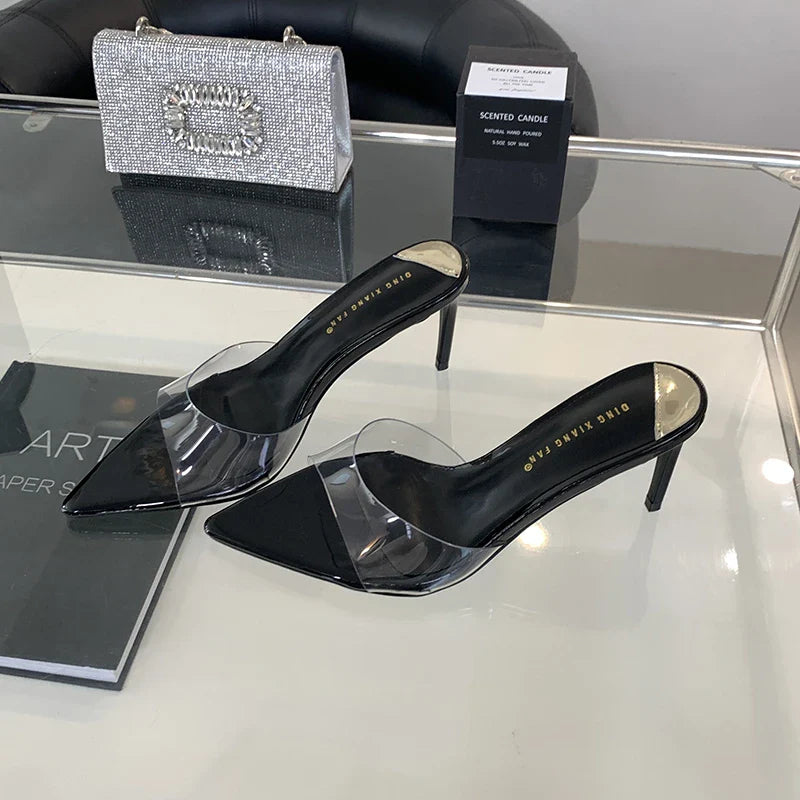 Summer  PVC Transparent Slipper Women Pointed Toe Slides Stripper Sandal Thin Mule Shoes Low Heel Pumps