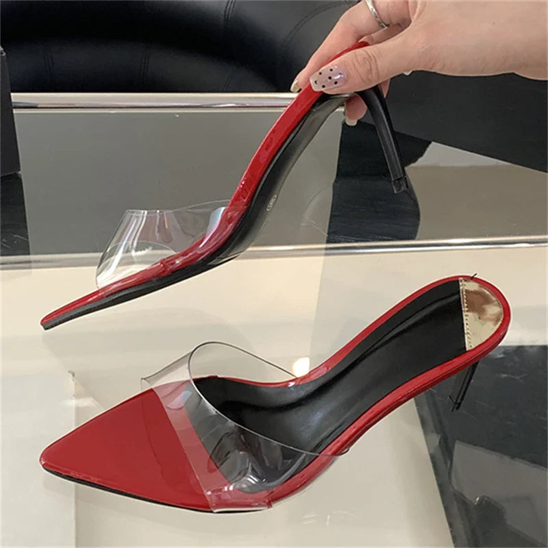 Summer  PVC Transparent Slipper Women Pointed Toe Slides Stripper Sandal Thin Mule Shoes Low Heel Pumps