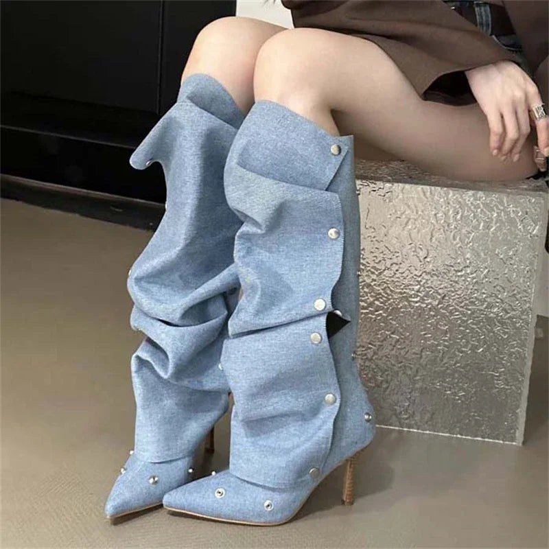 Winter Pleated Button Strap  Pointed Toe Thin Heels Stripper Knee High Boots