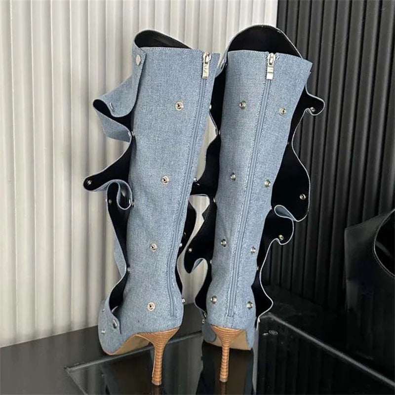 Winter Pleated Button Strap  Pointed Toe Thin Heels Stripper Knee High Boots