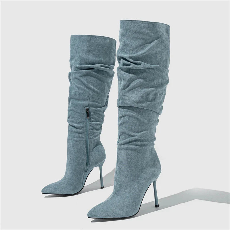 Winter Fashion  Pleated Denim Pointed Toe Thin Heels Knee High Boots