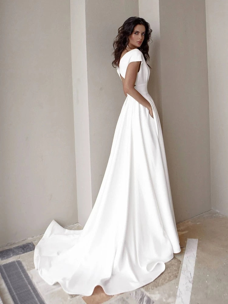 DressBetty - Elegant Casual Women's Dresses  V-neck Side Slit Backless White Long Skirt Wedding