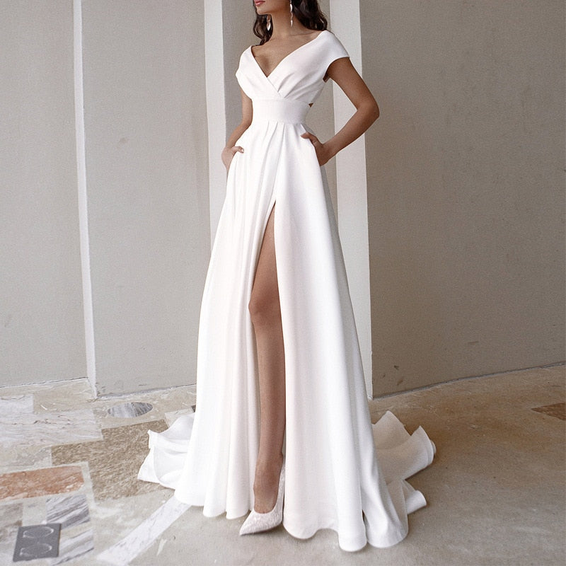 DressBetty - Elegant Casual Women's Dresses  V-neck Side Slit Backless White Long Skirt Wedding