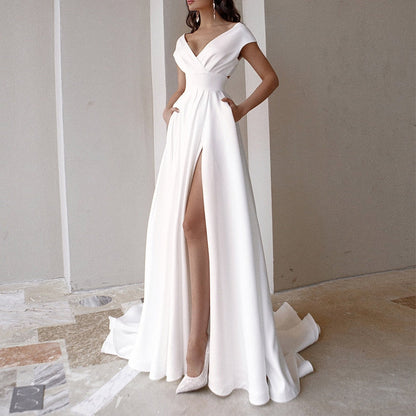 DressBetty - Elegant Casual Women's Dresses  V-neck Side Slit Backless White Long Skirt Wedding