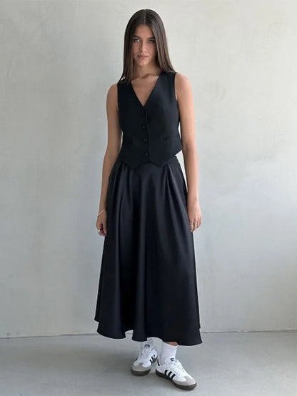 Elegant Satin Loose High Waist Classic Fashion Maxi Skirt
