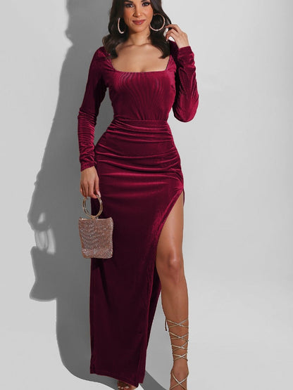 DressBetty - Elegant Velvet High Waist Slit Maxi Dress  Long Sleeve Evening Party Dress