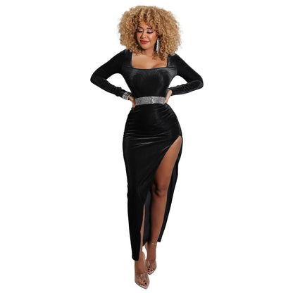 DressBetty - Elegant Velvet High Waist Slit Maxi Dress  Long Sleeve Evening Party Dress