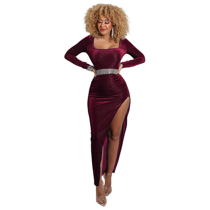 DressBetty - Elegant Velvet High Waist Slit Maxi Dress  Long Sleeve Evening Party Dress