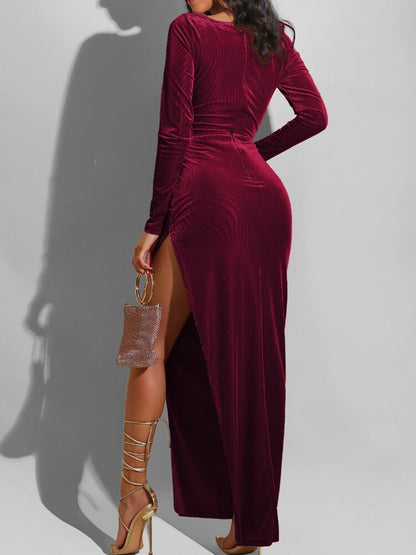 DressBetty - Elegant Velvet High Waist Slit Maxi Dress  Long Sleeve Evening Party Dress