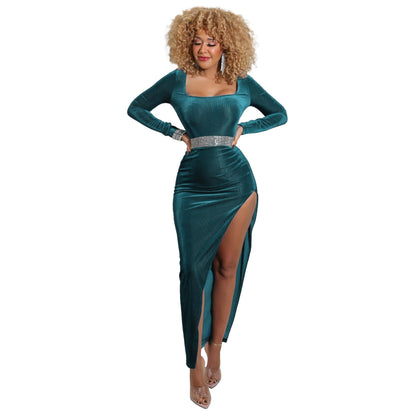 DressBetty - Elegant Velvet High Waist Slit Maxi Dress  Long Sleeve Evening Party Dress