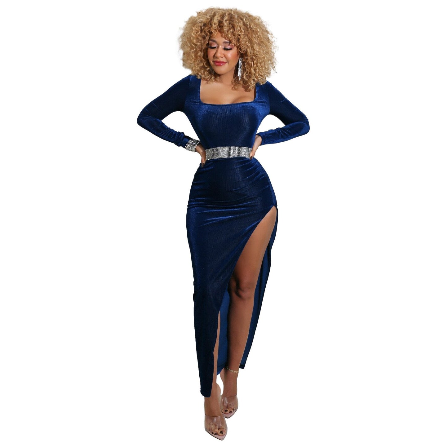 DressBetty - Elegant Velvet High Waist Slit Maxi Dress  Long Sleeve Evening Party Dress