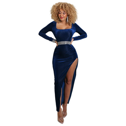 DressBetty - Elegant Velvet High Waist Slit Maxi Dress  Long Sleeve Evening Party Dress