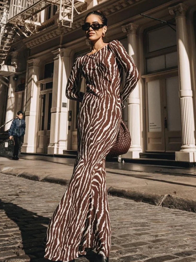 DressBetty - 2024 Vintage Zebra Print  Long Sleeve Party Maxi Dress