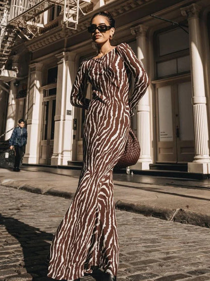 DressBetty - 2024 Vintage Zebra Print  Long Sleeve Party Maxi Dress