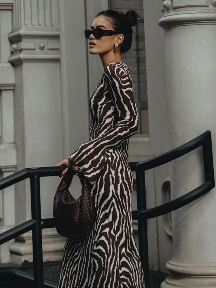 DressBetty - 2024 Vintage Zebra Print  Long Sleeve Party Maxi Dress