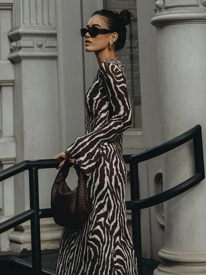 DressBetty - 2024 Vintage Zebra Print  Long Sleeve Party Maxi Dress