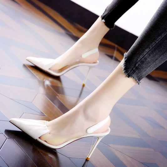 Pleated Pointed Thin Heeled  Back Empty Shallow Fairy Style High Heel