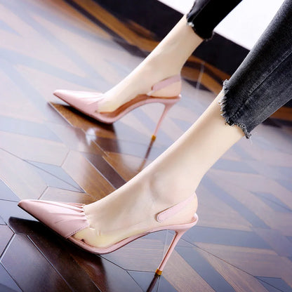 Pleated Pointed Thin Heeled  Back Empty Shallow Fairy Style High Heel