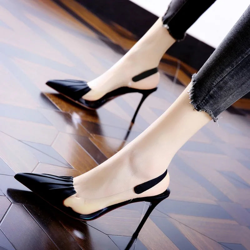 Pleated Pointed Thin Heeled  Back Empty Shallow Fairy Style High Heel