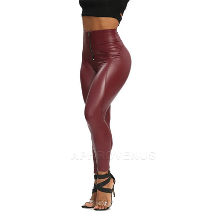 Fashion Black PU Leather Mid Waist Skinny Push Up  Buttocks Streetwear Pants
