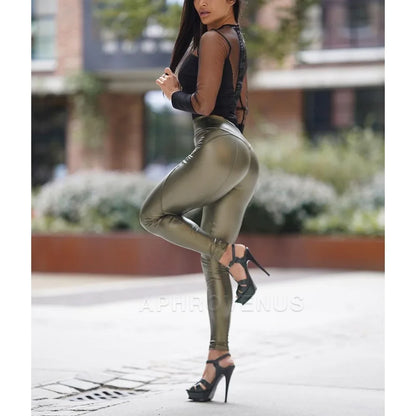 Fashion Black PU Leather Mid Waist Skinny Push Up  Buttocks Streetwear Pants
