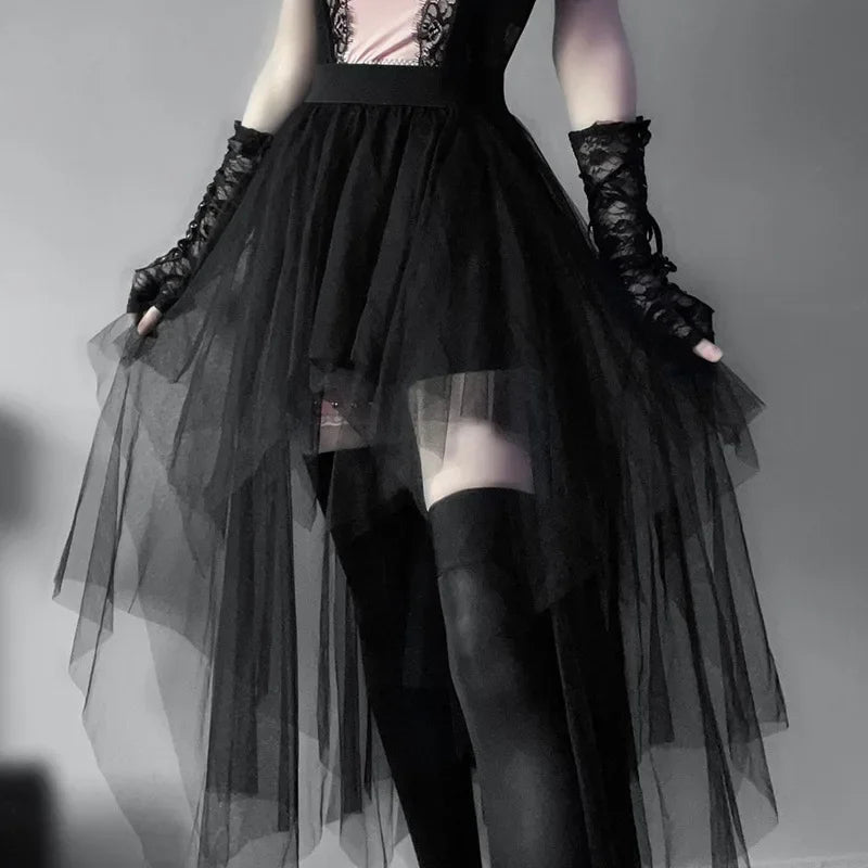Fashion Net Yarn High-Waisted Irregular for Women Gothic Style Summer Casual  Skirt