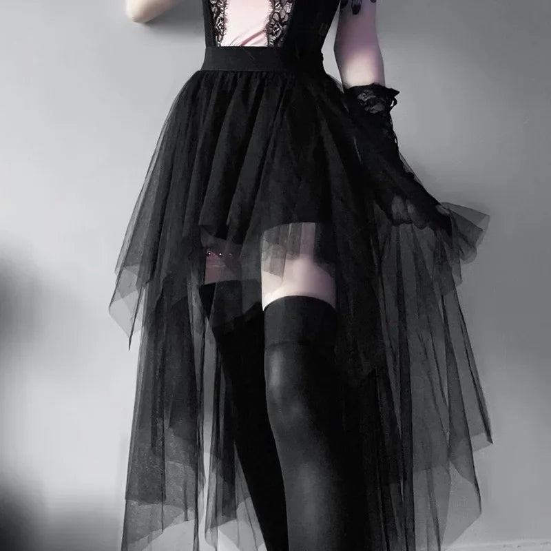 Fashion Net Yarn High-Waisted Irregular for Women Gothic Style Summer Casual  Skirt