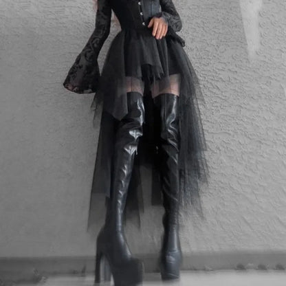 Fashion Net Yarn High-Waisted Irregular for Women Gothic Style Summer Casual  Skirt