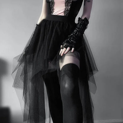 Fashion Net Yarn High-Waisted Irregular for Women Gothic Style Summer Casual  Skirt