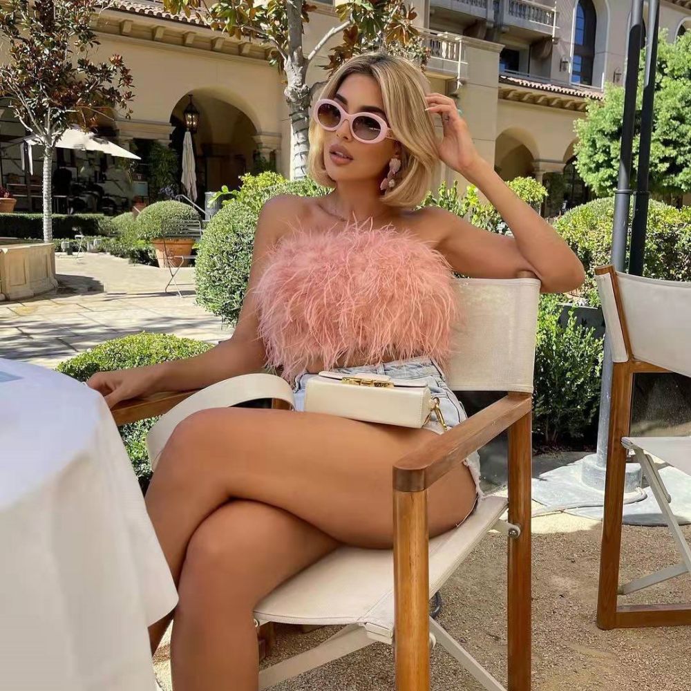 DressBetty - Faux Ostrich Feather Soft Fur Tank Short Vest Colorful  Backless Nightclub Tube Top
