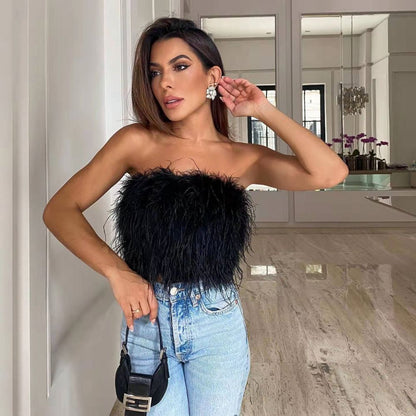 DressBetty - Faux Ostrich Feather Soft Fur Tank Short Vest Colorful  Backless Nightclub Tube Top