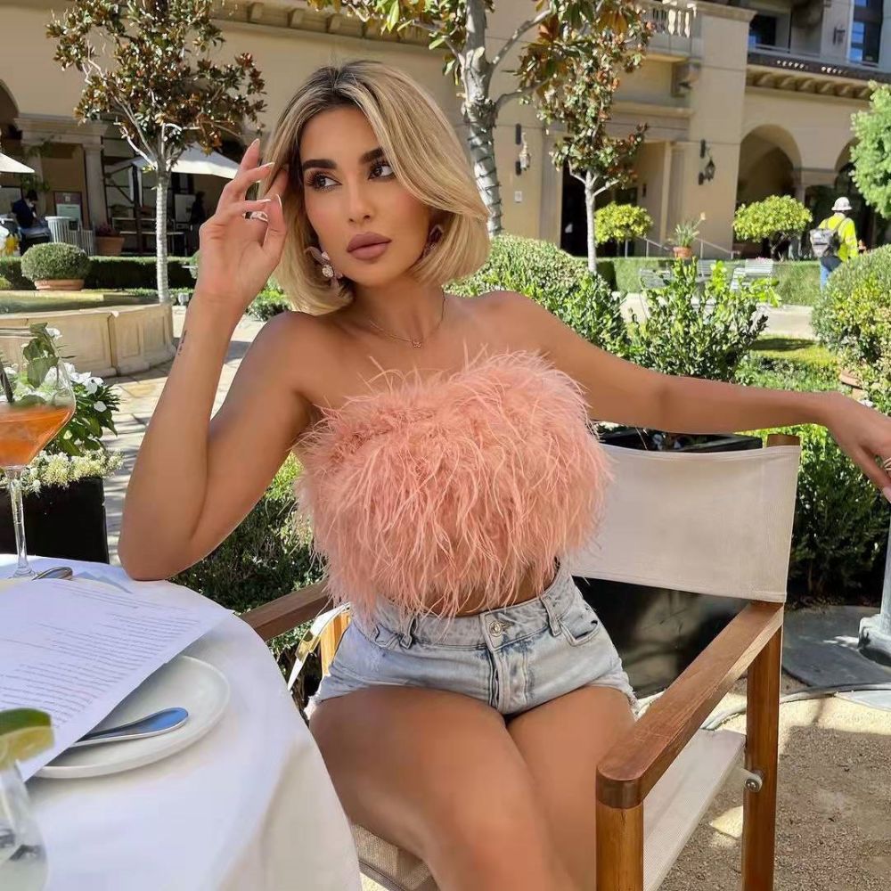 DressBetty - Faux Ostrich Feather Soft Fur Tank Short Vest Colorful  Backless Nightclub Tube Top