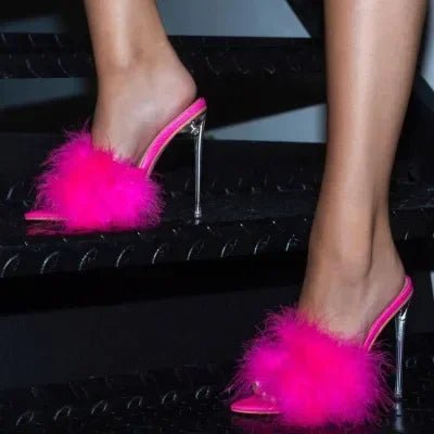 Feather decorated  Thin high heel peep toe pointed fashion party High Heel
