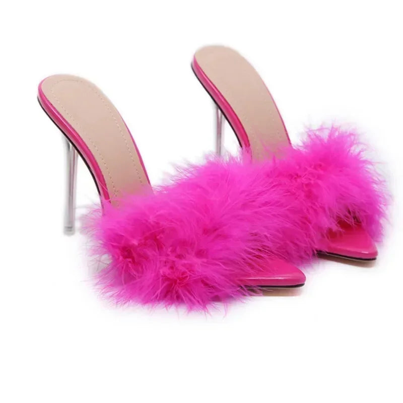 Feather decorated  Thin high heel peep toe pointed fashion party High Heel