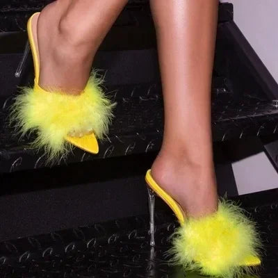 Feather decorated  Thin high heel peep toe pointed fashion party High Heel
