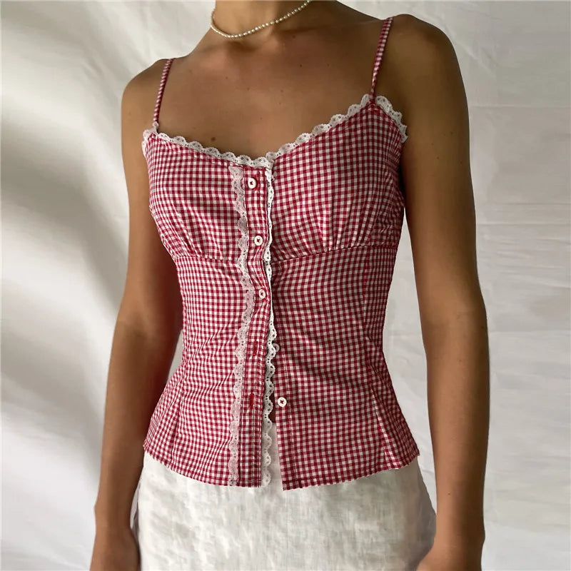 Sweetheart Plaid Button Crop Top