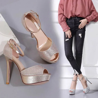 Gold/Silver  Peep Toe Platform Buckle Strap Rhinestone High Heel High Heel