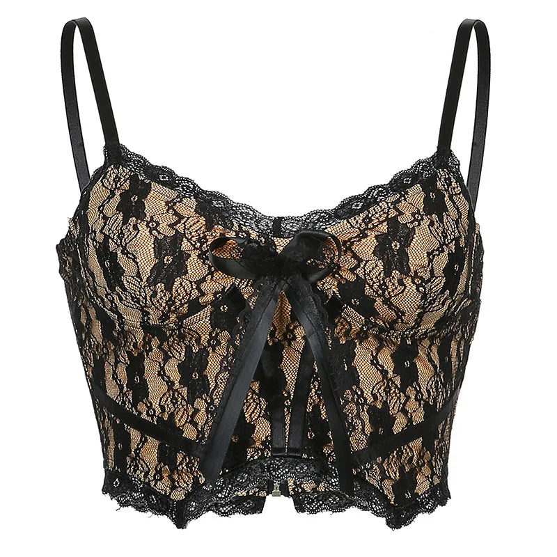 Aesthetic Lace Dark Academia E Girl Double Layer V Neck  Crop Top