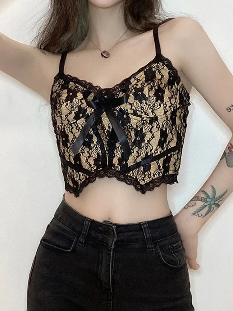 Aesthetic Lace Dark Academia E Girl Double Layer V Neck  Crop Top